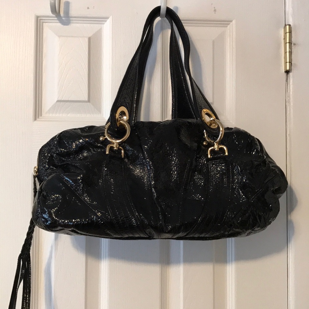 Golden bleu black patten leather bag